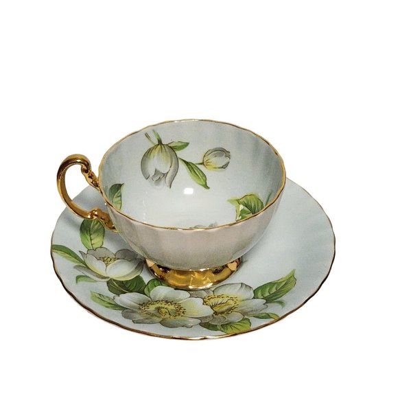 AYNSLEY England DOGWOOD Pattern Light Blue Cup & Saucer Magnolia Flowers - Picture 2 of 12